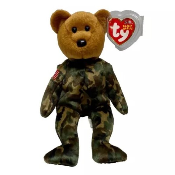 Ty Beanie Baby Hero 40012 USA Flag Camouflage Soldier 2003 Plush Teddy Bear - Picture 1 of 10